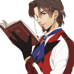 Rule 34 | 1boy, ascot, bad id, bad pixiv id, blue eyes, book, brown hair, butubutubutubutu, facial hair, fate/zero, fate (series), gloves, goatee, lowres, male focus, monocle, open book, reading, solo, tohsaka tokiomi, vest