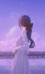 Rule 34 | 1girl, bow, breasts, bridge, cloud, commentary, crescent, crescent moon, dress, dress bow, facing away, from side, hair bow, hiera12, highres, landscape, large breasts, long hair, long sleeves, looking afar, medium breasts, moon, original, outdoors, ponytail, purple hair, purple sky, purple theme, red bow, scenery, sky, solo, symbol-only commentary, twilight, very long hair, wavy hair, white bow, white dress