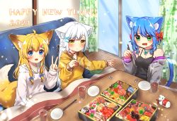 Rule 34 | 2021, 3girls, animal ears, black shirt, blue eyes, blue hair, blush, bow, breasts, cat ears, cat tail, chopsticks, cleavage, cup, curtains, drooling, fox ears, fox tail, green eyes, grey jacket, hair bow, hair ornament, hairclip, happy new year, highres, holding, holding chopsticks, hood, hood down, hoodie, jacket, kotatsu, long hair, long sleeves, looking at viewer, michiru donut, multiple girls, new year, bento, original, plate, red bow, shirt, sidelocks, small breasts, table, tail, v, white hair, white hoodie, window, wooden floor, yellow eyes, yellow hoodie