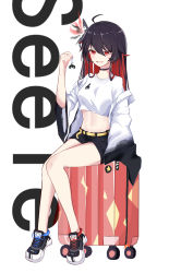 Rule 34 | 1girl, :d, absurdres, antenna hair, belt, black shorts, character name, full body, hair between eyes, hair ornament, highres, holding, honkai (series), honkai impact 3rd, jacket, charm (object), long hair, long sleeves, luggage, open mouth, rolling suitcase, seele (alter ego), seele vollerei, shirt, shoes, shorts, simple background, sitting, smile, sneakers, solo, sozha, suitcase, white background, white jacket, white shirt