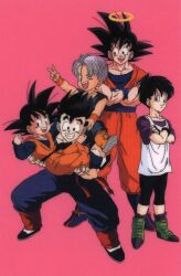 Rule 34 | 1990s (style), 1girl, 4boys, black eyes, black hair, blue eyes, boots, brothers, carrying, clenched hand, crossed arms, dougi, dragon ball, dragonball z, father and son, grin, halo, legs apart, looking at viewer, multiple boys, non-web source, open mouth, piggyback, pink background, princess carry, purple hair, retro artstyle, saiyan, shirt, siblings, simple background, smile, son gohan, son goku, son goten, spiked hair, standing, tank top, teeth, trunks (dragon ball), upper teeth only, v, videl, white shirt, wristband