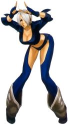 Rule 34 | 1girl, angel (kof), bent over, blue eyes, breasts, chaps, cleavage, fingerless gloves, gloves, large breasts, nona, official art, panties, short hair, snk, solo, the king of fighters, the king of fighters 2001, thighhighs, underwear, white hair