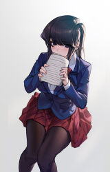 Rule 34 | 1girl, absurdres, black eyes, black hair, black pantyhose, blazer, blue jacket, commentary request, covering own mouth, diagonal-striped clothes, diagonal-striped skirt, feet out of frame, gradient background, grey background, highres, holding, holding notebook, jacket, komi-san wa komyushou desu, komi shouko, long hair, long sleeves, looking at viewer, notebook, pantyhose, r1zen, red skirt, shirt, skirt, solo, striped clothes, white background, white shirt