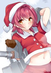 Rule 34 | &gt;:), 10s, 1girl, adapted costume, arm up, buttons, cannon, commentary request, gun, hat, highres, kantai collection, kinu (kancolle), looking at viewer, machinery, navel, nebusoku, pleated skirt, red hair, red skirt, santa costume, santa hat, short hair, short sleeves, signature, skirt, smile, solo, turret, twitter username, v-shaped eyebrows, weapon, yellow eyes