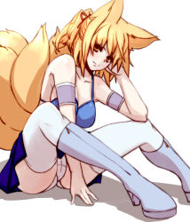 Rule 34 | 1girl, animal ears, bare shoulders, blonde hair, breasts, dearmybrothers, female focus, fox ears, fox tail, highres, large breasts, looking at viewer, multiple tails, panties, pantyshot, short hair, sitting, smile, solo, tail, thighhighs, touhou, underwear, white background, white panties, white thighhighs, yakumo ran, yellow eyes