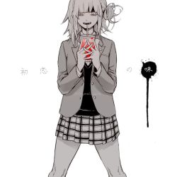 Rule 34 | 1girl, alternate costume, alternate hairstyle, blood, boku no hero academia, commentary request, cowboy shot, cup, fangs, hair bun, holding, holding cup, jacket, legs apart, long sleeves, looking at viewer, monochrome, open clothes, open jacket, plaid, plaid skirt, pleated skirt, school uniform, shirt, simple background, single hair bun, skirt, solo, spot color, teeth, toga himiko, tomoya (10mymn10 mha), translation request, twitter username, upper teeth only, vest, watermark, white background