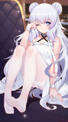 Rule 34 | + +, 1girl, aluppia, azur lane, bare shoulders, black choker, blue eyes, breasts, chinese commentary, choker, cityscape, cleavage, closed mouth, collarbone, commentary request, couch, criss-cross halter, double bun, dress, feet, hair bun, halterneck, highres, indoors, le malin (azur lane), le malin (sleepy sunday) (azur lane), long hair, looking at viewer, no shoes, one eye closed, panties, panties under pantyhose, pantyhose, pantyshot, partial commentary, ribbon, rubbing eyes, sidelocks, silver hair, sitting, small breasts, soles, solo, sundress, thighband pantyhose, thighs, toes, underwear, very long hair, white dress, white pantyhose, window, wrist ribbon