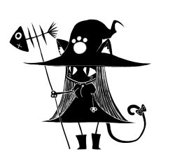 Rule 34 | 1girl, 2b-ge, animal ears, cat ears, cat girl, cat tail, character request, female focus, fish skeleton, full body, hat, holding, holding staff, limited palette, long hair, monochrome, paw print, ribbon, silhouette, solo, staff, standing, tail, tail ornament, tail ribbon, white background, witch hat