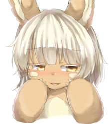 Rule 34 | 1girl, :3, :d, animal ears, blush, claws, furrowed brow, furry, furry female, hands on own face, horizontal pupils, made in abyss, nanachi (made in abyss), neko pachi, nose blush, open mouth, rabbit ears, red pupils, simple background, smile, solo, upper body, whiskers, white background, white hair, yellow eyes