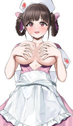 Rule 34 | 1girl, absurdres, apron, armband, blush, braided hair rings, breasts, brown hair, collarbone, commentary, covering breasts, covering privates, dress, hat, heart, heart print, highres, idolmaster, idolmaster shiny colors, large breasts, looking at viewer, nervous smile, nurse, nurse cap, open clothes, open dress, pdal (pdalhhh), pink dress, red eyes, short sleeves, sidelocks, simple background, smile, solo, sonoda chiyoko, sweat, white apron, white armband, white background