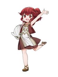 Rule 34 | 1girl, anna (fire emblem), dress, feh (fire emblem heroes), fire emblem, fire emblem heroes, full body, highres, holding, kishiro azuhito, leg up, long hair, nintendo, open mouth, red eyes, red hair, simple background, sleeveless, solo, stuffed toy, white background, aged down