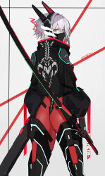 Rule 34 | 1girl, absurdres, ass, black jacket, character name, covered mouth, cowboy shot, crossed bangs, cyberpunk, cyborg, from behind, grey background, grey hair, hair between eyes, headgear, high collar, highres, holding, holding sword, holding weapon, jacket, long sleeves, looking at viewer, looking back, scabbard, science fiction, sheath, short hair, solo, standing, sword, touko (toko12 tooko), turning head, unsheathed, virtual youtuber, vshojo, weapon, yellow eyes, zentreya, zentreya (cyborg), zentreya (cyborg) (1st costume)