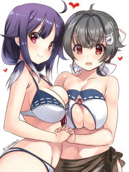 Rule 34 | 2girls, ahoge, asymmetrical docking, bikini, black hair, breast press, breasts, brown sarong, cleavage, cleavage cutout, clothing cutout, collarbone, commentary request, cowboy shot, hair flaps, holding hands, highres, jingei (kancolle), kantai collection, large breasts, low twintails, multiple girls, parted lips, purple hair, red eyes, sarong, simple background, swimsuit, taigei (kancolle), takase muh, twintails, white background