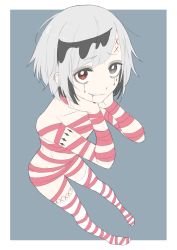 Rule 34 | absurdres, bandages, border, brown eyes, copyright request, donguri suzume, ear piercing, full body, grey background, grey eyes, grey hair, hands on own neck, heterochromia, highres, indie virtual youtuber, looking at viewer, multicolored hair, naked bandage, other focus, parted lips, piercing, ringed eyes, short hair, simple background, smile, solo, string, string of fate, swept bangs, thighhighs, two-tone hair, virtual youtuber, white border, white thighhighs