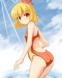 Rule 34 | 1girl, aki shizuha, ass, blonde hair, blush, competition swimsuit, female focus, hair ornament, leaf hair ornament, looking back, mokuyou, one-piece swimsuit, short hair, solo, swimsuit, touhou, yellow eyes