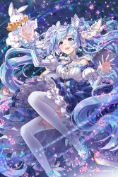 Rule 34 | 1girl, :3, :d, amulet, aqua eyes, aqua hair, artist name, bare shoulders, beamed eighth notes, blue bow, blue footwear, blurry, blurry background, blush, bow, breasts, cape, collar, commentary request, crown, detached collar, dress, eighth note, fortissimo, frilled dress, frilled sleeves, frills, full body, hair ornament, hair ribbon, hatsune miku, high heels, highres, hoop skirt, juliet sleeves, long hair, long sleeves, looking at another, medium breasts, mini crown, musical note, musical note hair ornament, open mouth, puffy sleeves, rabbit, rabbit yukine, ribbon, sidelocks, smile, snowflake hair ornament, snowflakes, solo focus, sparkle, striped sleeves, thighhighs, tiara, twintails, very long hair, vocaloid, w arms, white collar, white ribbon, white sleeves, white thighhighs, yuki miku, yuki miku (2019), zenyu