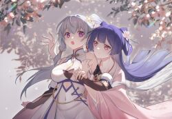 2girls :o anshan_(warship_girls_r) bare_shoulders blue_hair breasts china_dress chinese_clothes cleavage closed_mouth clothing_cutout cone_hair_bun covered_navel dress flower grey_hair hair_bun hair_flower hair_ornament hair_rings light_blue_hair long_hair low-tied_sidelocks multiple_girls nihongdengxiade_mcvvv0v0 official_alternate_costume official_alternate_hairstyle open_mouth outdoors pink_eyes purple_eyes purple_hair red_eyes side_ponytail single_sidelock smile warship_girls_r white_dress white_hair yingtan_(warship_girls_r)