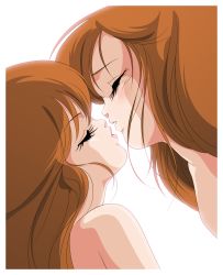 Rule 34 | 1980s (style), 2girls, artist request, bare shoulders, brown hair, close-up, closed eyes, cream lemon, eyelashes, face-to-face, highres, hirano toshihiro, imminent kiss, lips, long hair, multiple girls, oldschool, photoshop (medium), pink lips, retro artstyle, simple background, white background, yuri