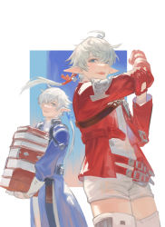 Rule 34 | 1boy, 1girl, ahoge, alisaie leveilleur, alphinaud leveilleur, blue eyes, book, book stack, brother and sister, carrying, earrings, elezen, elf, final fantasy, final fantasy xiv, fingerless gloves, gloves, hair ribbon, jacket, jewelry, lmin, long hair, looking at viewer, pointy ears, ribbon, shorts, siblings, silver hair, thighhighs
