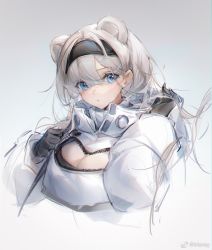 Rule 34 | 1girl, animal ears, arknights, artist name, aurora (arknights), bear ears, black gloves, black hairband, blue eyes, blush, breasts, cleavage, closed mouth, crop top, cropped torso, eyes visible through hair, gloves, gradient background, grey background, hair ornament, hair over one eye, hairband, hairclip, hand in own hair, high collar, highres, irisrey, large breasts, long hair, long sleeves, looking at viewer, puffy long sleeves, puffy sleeves, silver hair, solo, unzipped, upper body, weibo watermark