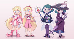 Rule 34 | 2girls, alternate costume, arms behind back, blonde hair, blue eyes, boots, capelet, commentary request, corrector yui, cosplay, crescent, dress, earphones, eclipsa butterfly, facial mark, feet, gloves, green hair, harukaze doremi, harukaze doremi (cosplay), hat, heart, high heels, highres, long hair, looking at viewer, magical girl, mameda toofu, multiple girls, ojamajo doremi, pantyhose, parasol, parted bangs, pink capelet, pink footwear, pink skirt, purple dress, purple eyes, purple gloves, purple legwear, sandals, school uniform, serafuku, shinozaki ai (corrector yui), shinozaki ai (corrector yui) (cosplay), short hair, skirt, smile, spade (shape), star butterfly, star vs the forces of evil, toes, twitter username, umbrella, very long hair, wand