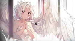 Rule 34 | 1girl, absurdres, animal ears, bare arms, bare shoulders, blush, braid, closed mouth, collarbone, commentary request, feathered wings, highres, horns, long hair, original, own hands clasped, own hands together, pink eyes, silver hair, single braid, single horn, smile, solo, soranagi yuki, strapless, upper body, white wings, wings