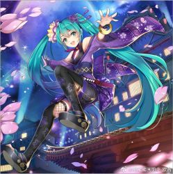 Rule 34 | 1girl, :d, black skirt, black thighhighs, blue hair, bracelet, bridal gauntlets, cherry blossoms, floating hair, flower, full body, full moon, green eyes, hair between eyes, hair ribbon, hatsune miku, japanese clothes, jewelry, k12io, kimono, long hair, long sleeves, looking at viewer, miniskirt, moon, off shoulder, open mouth, outstretched arms, petals, pink flower, purple kimono, purple ribbon, ribbon, skirt, smile, solo, sparkle, thighhighs, twintails, very long hair, vocaloid, watermark, wide sleeves