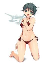 Rule 34 | 1girl, absurdres, aircraft, airplane, bikini, black hair, breasts, commentary request, cosplay, e16a zuiun, full body, green eyes, highres, kantai collection, kneeling, mikura (kancolle), mikura (kancolle) (cosplay), mogami (kancolle), navel, open mouth, red bikini, short hair, shorts, side-tie bikini bottom, simple background, small breasts, smile, solo, swept bangs, swimsuit, white background, yashin (yasinz)