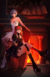 Rule 34 | 2girls, absurdres, alternate costume, ayanami rei, black dress, black gloves, blue eyes, blue hair, boots, breasts, caviar (lunar sama), chair, chimney, cleavage, cross-laced footwear, detached sleeves, dress, elbow gloves, expressionless, fire, frilled skirt, frills, gloves, gothic lolita, high heel boots, high heels, highres, indoors, lace-up boots, crossed legs, lips, lolita fashion, long hair, long legs, looking at viewer, multiple girls, neon genesis evangelion, off shoulder, parted lips, red eyes, red hair, short hair, signature, sitting, skirt, small breasts, souryuu asuka langley, standing, thighs, wall, white dress