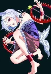 Rule 34 | 1girl, absurdres, animal ears, barefoot, collarbone, dog ears, dog tail, bear trap, frilled skirt, frills, grey hair, highres, mitsugashira enoko, mizoreshi, multiple tails, one eye closed, open mouth, purple shirt, red eyes, red skirt, shirt, short hair, skirt, solo, tail, toenails, touhou