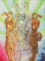 Rule 34 | 3girls, animal ears, blazer, closed mouth, collared shirt, colored pencil (medium), commentary request, cookie (touhou), cowboy shot, hisui (cookie), jacket, long hair, looking at viewer, making-of available, metal hisui (cookie), metal skin, multiple girls, necktie, rabbit ears, reisen udongein inaba, seal impression, shirt, skirt, swept bangs, touhou, traditional media, yukiman