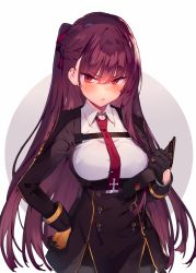 Rule 34 | 1girl, black dress, black gloves, black skirt, blush, breasts, buttons, collared shirt, dress, dress shirt, framed breasts, girls&#039; frontline, gloves, hair ribbon, half updo, hand on own hip, highres, large breasts, long hair, long sleeves, looking at viewer, necktie, one side up, open mouth, pantyhose, purple hair, purple ribbon, red eyes, red necktie, ribbon, shirt, skirt, solo, soukou makura, wa2000 (girls&#039; frontline), white background, white shirt