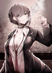 Rule 34 | 1girl, absurdres, black collar, black jacket, breasts, brown eyes, brown hair, cigarette, cleavage, collar, collarbone, crack, cracked wall, highres, holding, holding cigarette, jacket, large breasts, necktie, open clothes, open shirt, original, samip, school uniform, shirt, smile, solo, white shirt