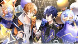 2boys ascot balloon black_ascot blonde_hair blue_bow blue_hair blue_jacket blurry blurry_foreground bow buttons commentary_request confetti copyright_notice drawstring earpiece ensemble_stars! gloves gold_trim grey_shirt hair_between_eyes hands_up heart_balloon highres holding holding_balloon hood hood_down hoodie jacket long_sleeves looking_at_viewer male_focus microphone multicolored_hair multiple_boys official_art open_clothes open_jacket orange_bow orange_hair parted_lips project_sekai saw_(dtn_error) sazanami_jun shinonome_akito shirt short_hair smile stage stage_lights star_balloon streaked_hair streamers upper_body white_gloves white_hoodie yellow_eyes zipper