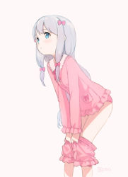 Rule 34 | 10s, 1girl, beige background, blue eyes, blush, bow, breasts, closed mouth, clothes pull, eromanga sensei, expressionless, hair bow, izumi sagiri, kokudou juunigou, lace trim, leaning forward, long hair, long sleeves, pajamas, pajamas pull, panties, pants, pants pull, pink panties, sidelocks, silver hair, simple background, small breasts, solo, underwear