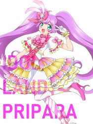 Rule 34 | 1girl, :d, ahoge, ascot, bow, commentary request, dress, feather hair ornament, feathers, frilled dress, frills, full body, green eyes, hair bow, hair ornament, hand up, heart, high heels, highres, idol land pripara, kikuta michiyo, long hair, looking at viewer, manaka laala, open mouth, pink ascot, pink bow, pink footwear, pretty series, pripara, purple hair, sash, shoulder sash, simple background, smile, solo, standing, standing on one leg, twintails, v, very long hair, white background, white dress