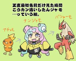 Rule 34 | blaziken, bow-shaped hair, character hair ornament, creatures (company), dinonix, game freak, gen 3 pokemon, hair ornament, hexagon print, iono (pokemon), jacket, long hair, low-tied long hair, multicolored hair, nintendo, oversized clothes, pink eyes, pink hair, pokemon, pokemon sv, sharp teeth, sleeves past fingers, sleeves past wrists, teeth, torchic, translation request, twintails, two-tone hair, very long hair, yellow jacket