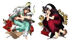 Rule 34 | 10s, 2boys, barefoot, beads, black hair, covering own mouth, earrings, eyeshadow, feathers, flag, floating, flower, full body, hakutaku (hoozuki no reitetsu), hat, hoozuki (hoozuki no reitetsu), hoozuki no reitetsu, horns, japanese clothes, jewelry, leaf, legs folded, long sleeves, looking at viewer, makeup, male focus, multiple boys, nori (koke sr), oni, plant, pointy ears, simple background, single horn, smile, tassel, white background, wide sleeves