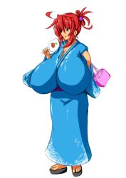 Rule 34 | 1girl, aeon708, ahoge, bag, barefoot, breasts, cleavage, female focus, full body, futaba channel, gigantic breasts, hair between eyes, hair up, hand fan, handbag, impossible clothes, impossible yukata, japanese clothes, kimono, kyoui (nijiura maids), matching hair/eyes, nijiura maids, red eyes, red hair, sandals, short hair, simple background, solo, standing, toes, white background, yukata