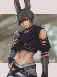 Rule 34 | 1boy, absurdres, animal ears, armor, warrior of light (ff14), belt, choker, clothing cutout, cowboy shot, fictional persona, final fantasy, final fantasy xiv, fingerless gloves, gloves, grey hair, hand on own hip, highres, looking at viewer, midriff, navel, oikvw, rabbit ears, red eyes, short hair, shoulder armor, shoulder cutout, solo, swept bangs, viera, wrist guards