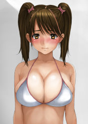 Rule 34 | 1girl, bare shoulders, blush, bow, breasts, brown eyes, brown hair, cleavage, female focus, grey background, hair bow, kago (lelien7), large breasts, looking at viewer, original, short hair, solo, sweat, swimsuit, twintails