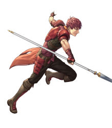 Rule 34 | 1boy, armor, boots, cuboon, fingerless gloves, fire emblem, fire emblem echoes: shadows of valentia, fire emblem heroes, full body, gloves, highres, lukas (fire emblem), male focus, nintendo, official art, polearm, red armor, red eyes, red hair, simple background, solo, spear, weapon, white background
