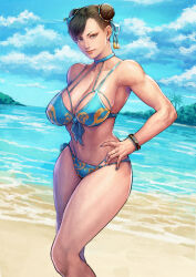 Rule 34 | 1girl, absurdres, bare shoulders, beach, bikini, blue sky, bracelet, breasts, brown eyes, brown hair, capcom, chun-li, cirenk, cleavage, closed mouth, cloud, cloudy sky, collarbone, commentary, double bun, earrings, fingernails, hair bun, hair ornament, hand on own hip, highleg, highleg bikini, highres, jewelry, large breasts, lips, looking at viewer, makeup, nail polish, navel, ocean, outdoors, revision, shore, simple background, sky, smile, solo, stomach, street fighter, street fighter ii (series), swimsuit, thighs, water