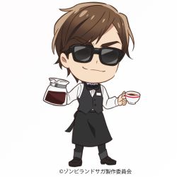 Rule 34 | 1boy, absurdres, apron, black footwear, black neckwear, blouse, bow, bowtie, brown hair, chibi, coffee cup, commentary request, copyright notice, cup, disposable cup, full body, highres, long sleeves, male focus, name tag, official art, pants, shirt, solo, sunglasses, tatsumi koutarou, traditional bowtie, vest, waist apron, waiter, white background, white shirt, zombie land saga
