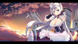 Rule 34 | 1girl, apron, azur lane, belfast (azur lane), blue eyes, braid, breasts, chain, cleavage, collar, corset, dress, frilled dress, frills, gloves, hair between eyes, highres, jun project, large breasts, letterboxed, long hair, looking at viewer, machinery, maid, maid apron, maid headdress, silver hair, smile, solo, turret