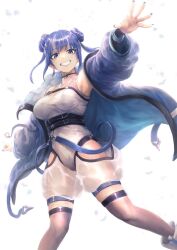 Rule 34 | 1girl, belt, black belt, blue belt, blue eyes, blue hair, blue nails, breasts, brown thighhighs, chest belt, clenched teeth, coat, commentary, deadspike nine, double bun, earrings, evil twin lil-la, feet out of frame, fingernails, grin, hair bun, hair ornament, hairclip, highres, jacket, jewelry, large breasts, leotard, lil-la (yu-gi-oh!), long sleeves, looking at viewer, nail polish, open clothes, open coat, open mouth, see-through, short hair, sidelocks, smile, solo, star (symbol), star hair ornament, teeth, thighhighs, twintails, underbust, white background, white coat, white footwear, white jacket, white leotard, yu-gi-oh!
