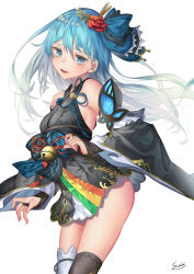Rule 34 | 1girl, :d, artist name, asymmetrical legwear, bare shoulders, bell, black kimono, black thighhighs, blue bow, blue eyes, blue hair, bow, braid, breasts, bridal gauntlets, detached sleeves, flower, french braid, hair bow, hair flower, hair ornament, head tilt, highres, japanese clothes, jingle bell, kimono, long hair, long sleeves, looking at viewer, mismatched legwear, obi, open mouth, original, red flower, red ribbon, red rose, ribbon, rose, saraki, sash, short kimono, sideboob, signature, simple background, small breasts, smile, solo, thighhighs, white background, white thighhighs, wide sleeves
