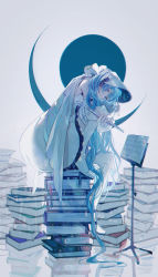 Rule 34 | 1girl, absurdly long hair, arm on knee, blue eyes, blue hair, book, book stack, boots, chromatic aberration, closed mouth, commentary request, crescent, detached sleeves, dress, flute, frilled dress, frills, full body, grey background, hands up, hatsune miku, headdress, highres, hitokoto, holding, holding instrument, index finger raised, instrument, leg up, long hair, looking at viewer, music stand, pointing, sheet music, simple background, sitting, sleeveless, sleeveless dress, smile, solo, thigh boots, thighhighs, very long hair, vocaloid, white dress, white footwear, white headwear, white thighhighs, yuki miku, yuki miku (2020) (candidate no.5)