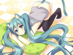 Rule 34 | 1girl, all fours, animal ears, aqua eyes, aqua hair, cat ears, cat tail, checkered floor, floor, hatsune miku, long hair, looking at viewer, matsurika (akatuki1227), panties, pillow, smile, solo, striped clothes, striped panties, tail, thighhighs, twintails, underwear, very long hair, vocaloid