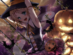 Rule 34 | 1girl, armpits, bad id, bad pixiv id, bat wings, blonde hair, blue eyes, gothic lolita, hair ornament, hairclip, halloween, hat, jack-o&#039;-lantern, kagamine rin, lolita fashion, pumpkin, short hair, siblings, siempre, skirt, smile, solo, twins, vocaloid, wings, witch, witch hat